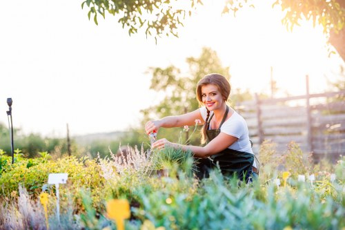 A woman with long brown hair tied in a ponytail, wearing a casual grey t-shirt and a dark apron, is tending to a colorful garden with a variety of flowering plants, herbs, and green foliage. The garden is well-maintained, with neatly arranged flower beds separated by narrow pathways, and a wooden fence visible in the background along with a few young trees and a clear sky. The sunlight casts a warm glow over the scene, indicating a bright, sunny day, and the woman is smiling as she carefully tends to the plants. The garden features a mix of purple, yellow, and green tones, with some plants supported by small markers, suggesting ongoing plant care and maintenance. This outdoor space represents a typical suburban garden with diverse plant life, and it emphasizes the importance of local gardening and landscaping efforts by experts like Landscapers Southgate, especially for services such as garden planting, pruning, or lawn care in the Southgate area.