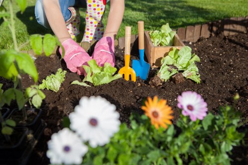 A person wearing pink gardening gloves is working in a well-maintained garden bed situated in a landscaped outdoor space, possibly in Southgate. The garden bed contains several young lettuce plants with vibrant green leaves emerging from rich, dark soil. In front of the bed, a variety of colourful flowers, including white daisies with dark centres, orange, and purple blooms, are in full display, adding visual interest. The garden features a neatly edged flower bed with a wooden border, separating it from a lush, green lawn area in the background. The scene is illuminated by bright natural sunlight, suggesting a clear day, emphasizing the healthy cultural environment for gardening and outdoor maintenance. Additionally, gardening tools such as blue and yellow trowels are inserted into the soil, indicating ongoing planting activity. This outdoor space exemplifies typical features of residential landscaping and gardening care that companies like Landscapers Southgate might service, focusing on soil preparation, planting, and garden enhancement in the Southgate area.