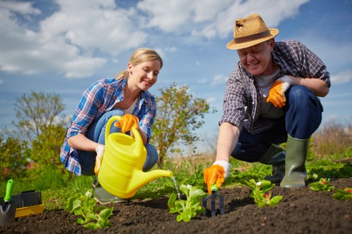 A young woman and an older man are gardening together outdoors in a well-maintained backyard or garden. They are kneeling beside a neatly tilled bed of dark, rich soil with small green plants, possibly seedlings or young shrubs, arranged in rows. The woman has blonde hair tied back and is wearing a blue checkered shirt, while the man is wearing a straw hat, a similar checkered shirt, and green rubber boots. Both are wearing gardening gloves and are actively tending to the plants, with the woman holding a yellow watering can and the man using a small hand tool to work in the soil. The background features a lush, green hedge and trees, under a clear, partly cloudy sky, suggesting a bright and pleasant day ideal for outdoor gardening. This scene exemplifies typical garden maintenance and planting activities common in residential landscapes serviced by Southgate landscapers, highlighting the natural textures of the soil, plants, and gardening tools utilized in outdoor lawn and garden care in the Southgate area, inferring a context aligned with the services offered at landscaperssouthgate.co.uk.