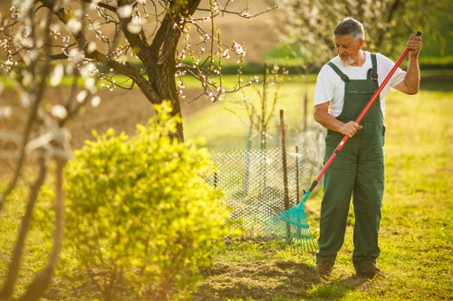 A man wearing green overalls and a white shirt is standing on a well-maintained lawn in a garden in Southgate, Hertfordshire, and is using a garden rake to clear fallen leaves or debris from the soil. The garden features a lush, vibrant grass area with a smooth, even surface, bordered by flowering trees and shrubs with delicate blossoms. In the background, there is a wire fence and a few trees, indicating a landscaped outdoor space typical of residential gardens in the area. The scene is lit by natural daylight, suggesting a bright and mild weather day, with soft sunlight casting gentle shadows. The man appears focused on his gardening task, which is part of regular lawn and garden maintenance services offered by Landscapers Southgate, contributing to a neat and orderly outdoor environment. This image captures the essence of sustainable gardening and outdoor upkeep through manual tools, highlighting the natural textures of grass, soil, and foliage in a suburban setting.